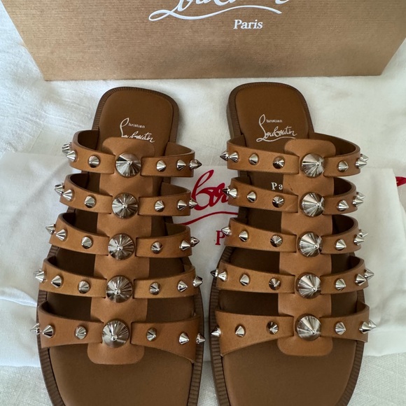 Christian Louboutin Charja Flat Tan Studded Sandals - Picture 2 of 3